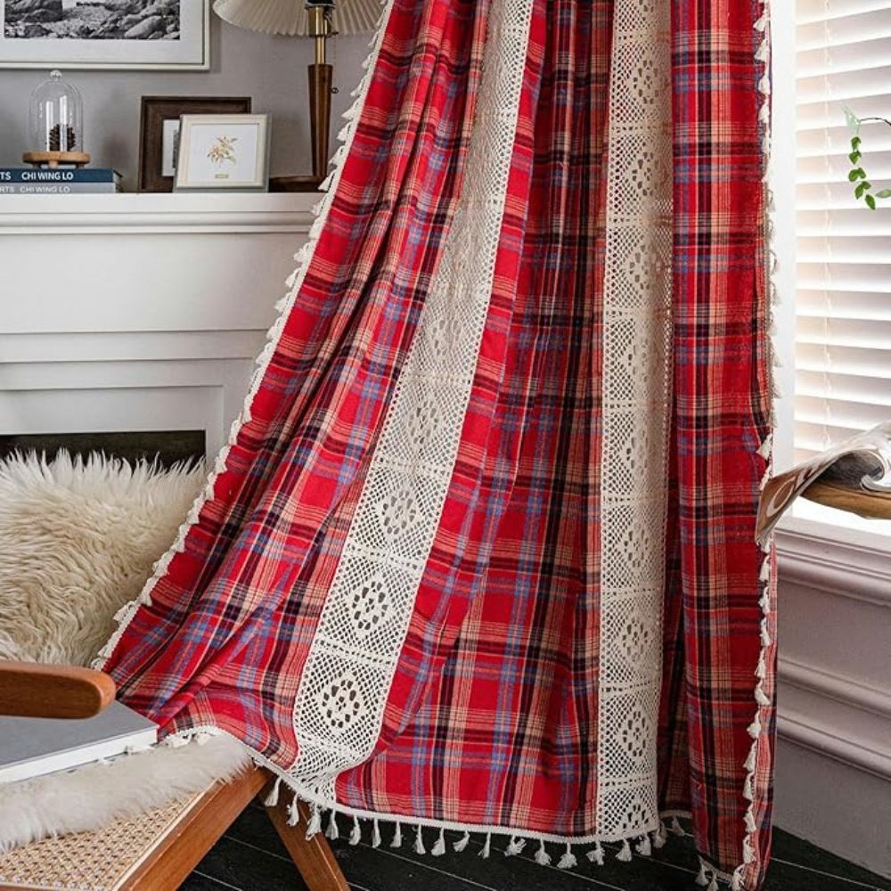 Curtain Panel Tartan Microfiber Crochet Lace & Tassel Trim