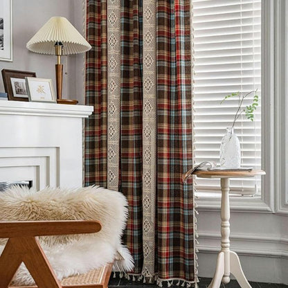 Curtain Panel Tartan Microfiber Crochet Lace & Tassel Trim