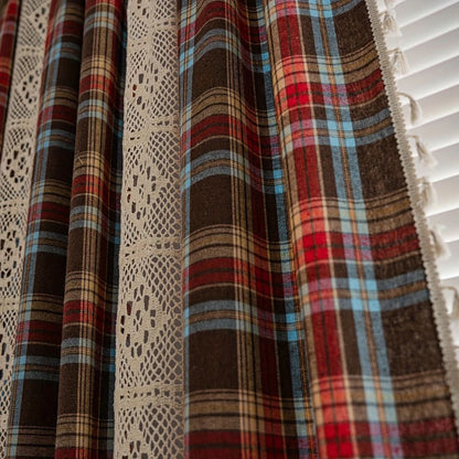 Curtain Panel Tartan Microfiber Crochet Lace & Tassel Trim