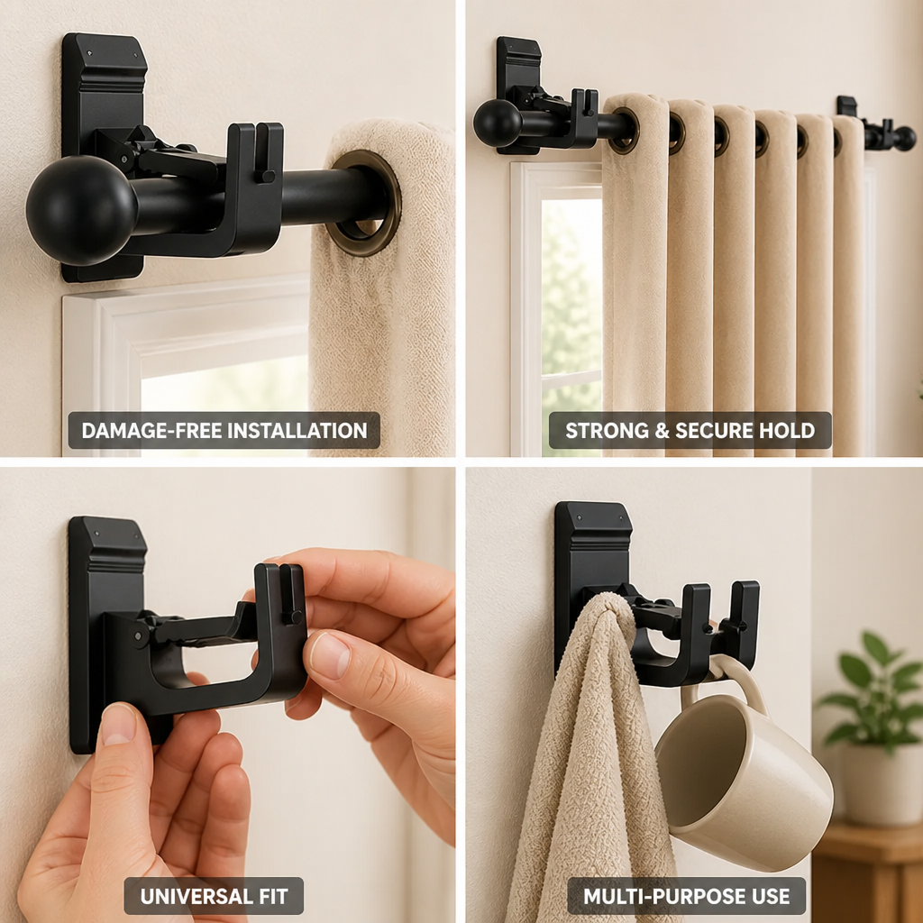 Curtain Rod Brackets No-Drill Damage-Free Holds 30 lb