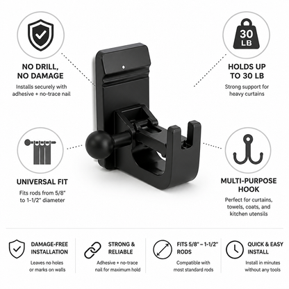 Curtain Rod Brackets No-Drill Damage-Free Holds 30 lb