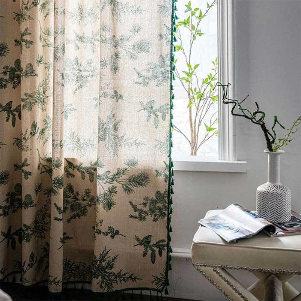 Curtain Semi-Blackout Cotton-Linen Pine Bird Tassel Pattern