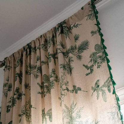 Curtain Semi-Blackout Cotton-Linen Pine Bird Tassel Pattern