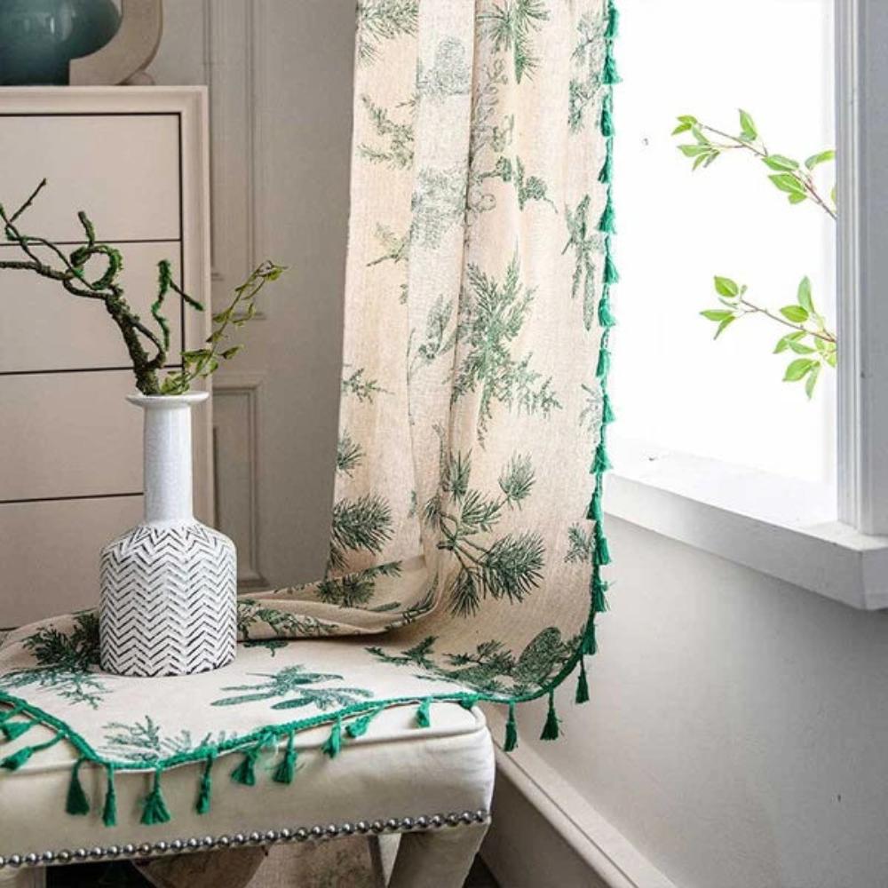 Curtain Semi-Blackout Cotton-Linen Pine Bird Tassel Pattern