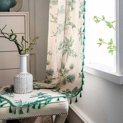 Curtain Semi-Blackout Cotton-Linen Pine Bird Tassel Pattern