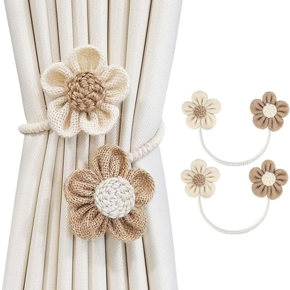 Curtain Tiebacks Floral Hemp Punch-Free Set of 2