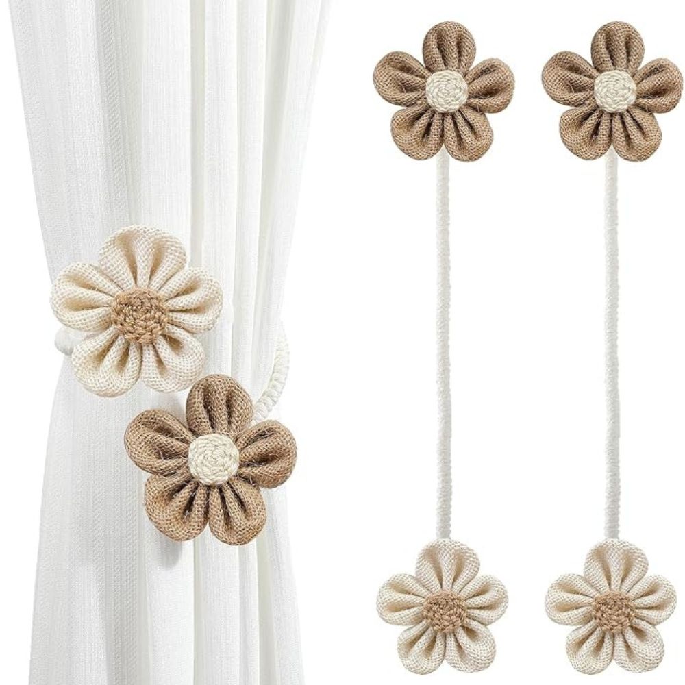 Curtain Tiebacks Floral Hemp Punch-Free Set of 2