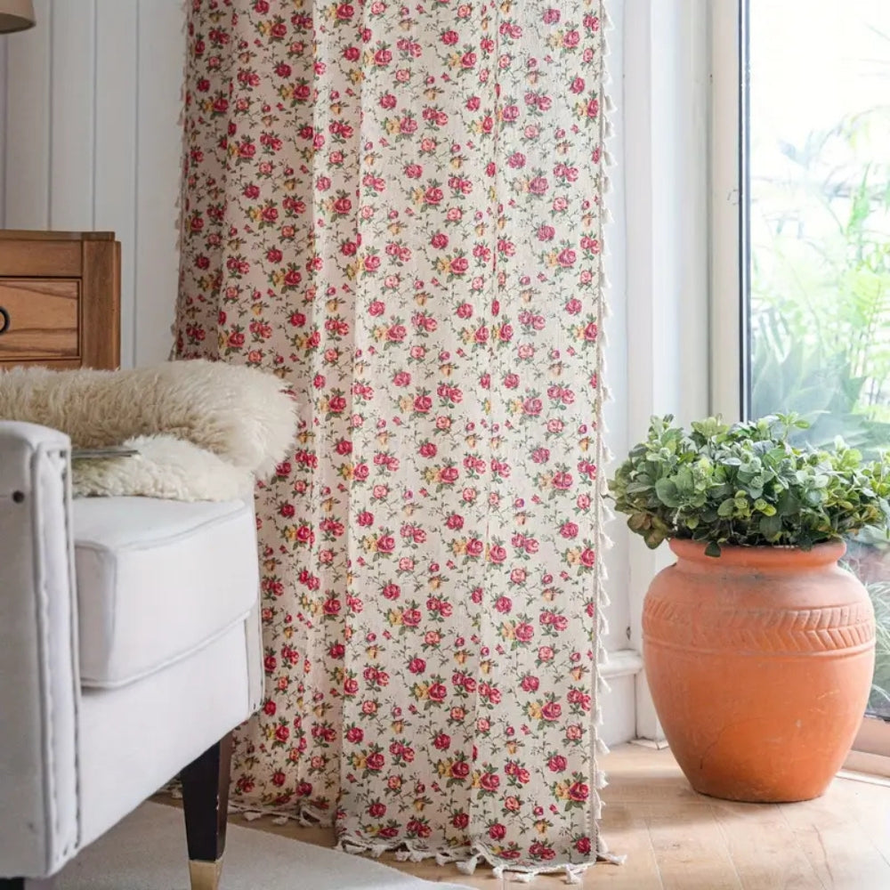 Curtains Floral Tassel Cotton Blend Semi-Sheer & UV-Resistant