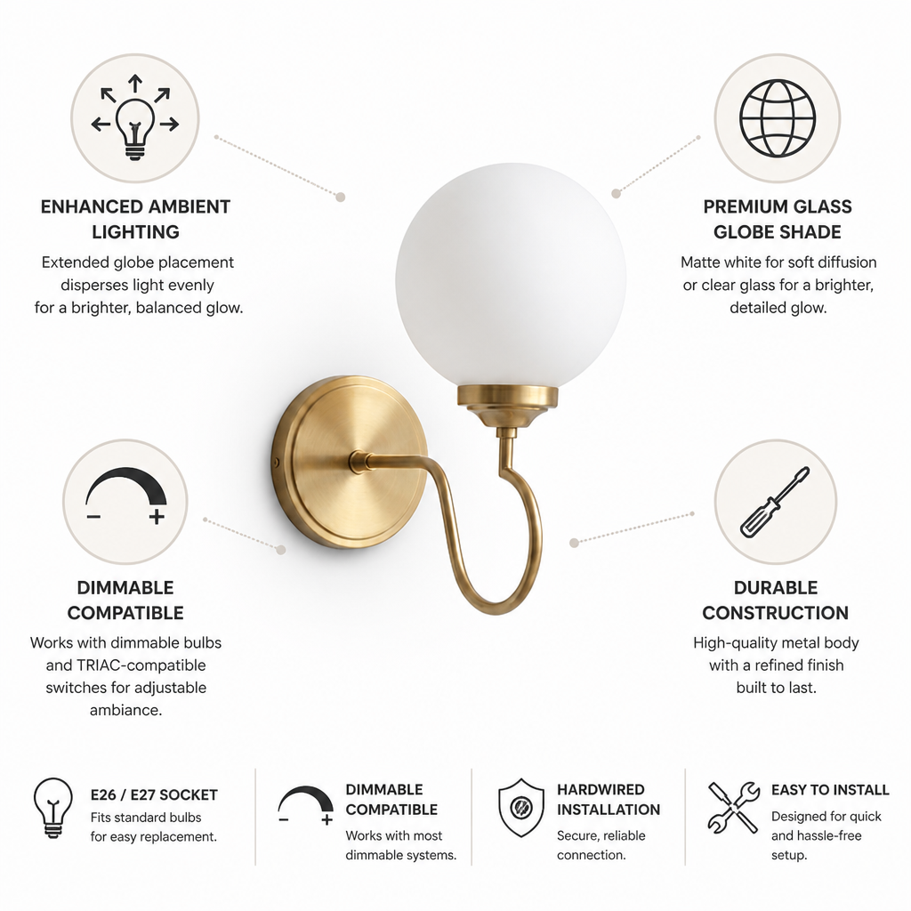 Curved Arm Glass Globe Wall Sconce