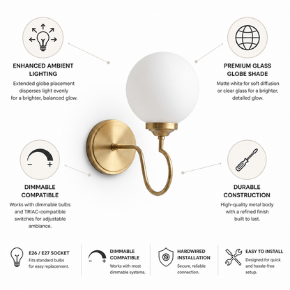 Curved Arm Glass Globe Wall Sconce