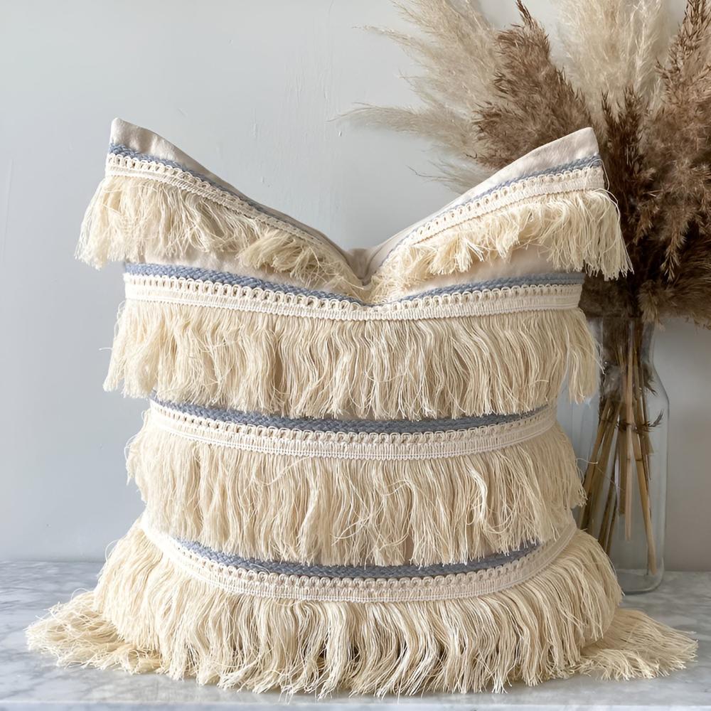 Cushion Cover Bohemian Fringe Tassels Linen & Hidden Zip