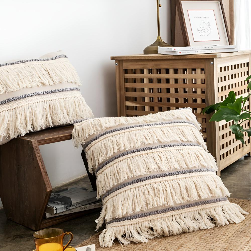 Cushion Cover Bohemian Fringe Tassels Linen & Hidden Zip