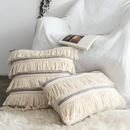 Cushion Cover Bohemian Fringe Tassels Linen & Hidden Zip