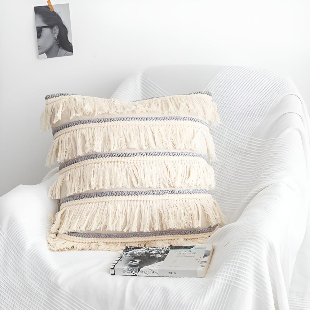 Cushion Cover Bohemian Fringe Tassels Linen & Hidden Zip