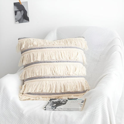 Cushion Cover Bohemian Fringe Tassels Linen & Hidden Zip