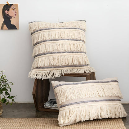 Cushion Cover Bohemian Fringe Tassels Linen & Hidden Zip