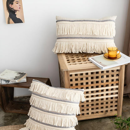 Cushion Cover Bohemian Fringe Tassels Linen & Hidden Zip