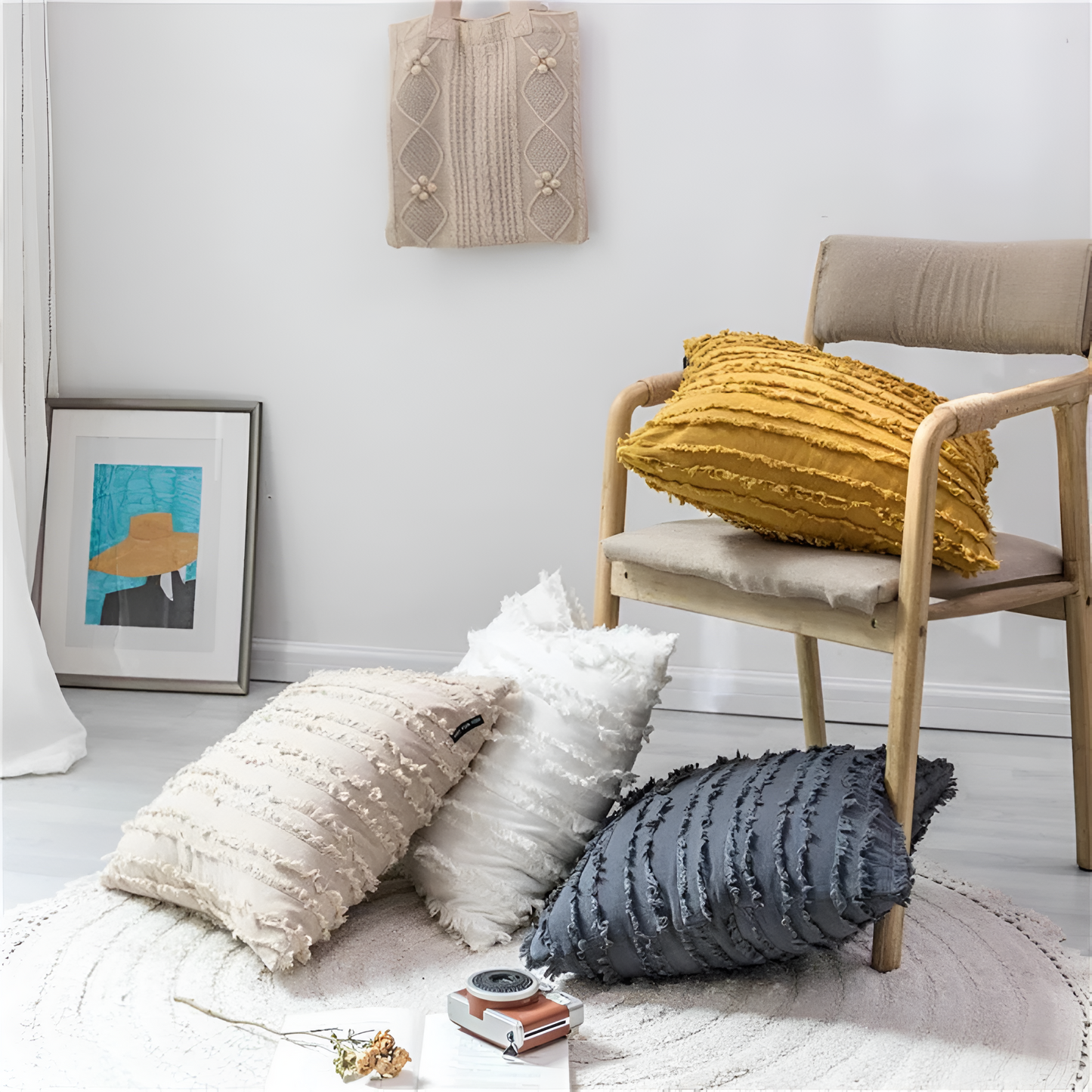 Cushion Cover Boho Embroidered Fringe Microfiber Cotton