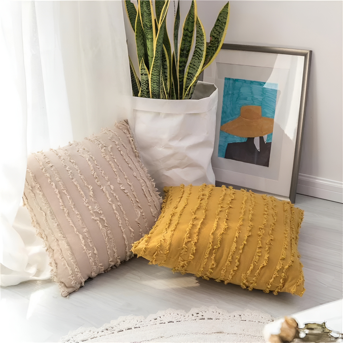 Cushion Cover Boho Embroidered Fringe Microfiber Cotton