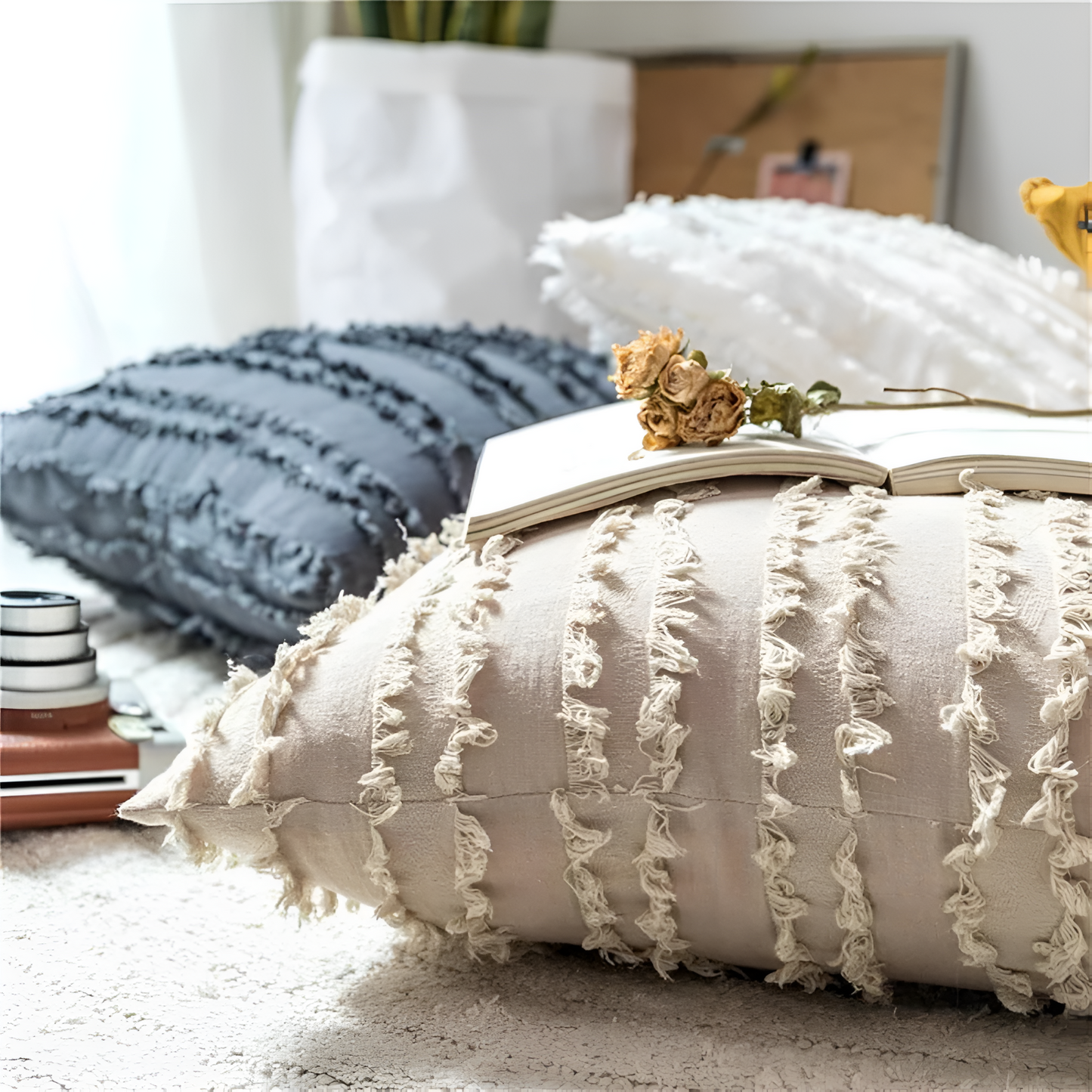 Cushion Cover Boho Embroidered Fringe Microfiber Cotton