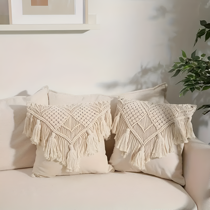 Cushion Cover Burlap & Tassels Hidden Zipper