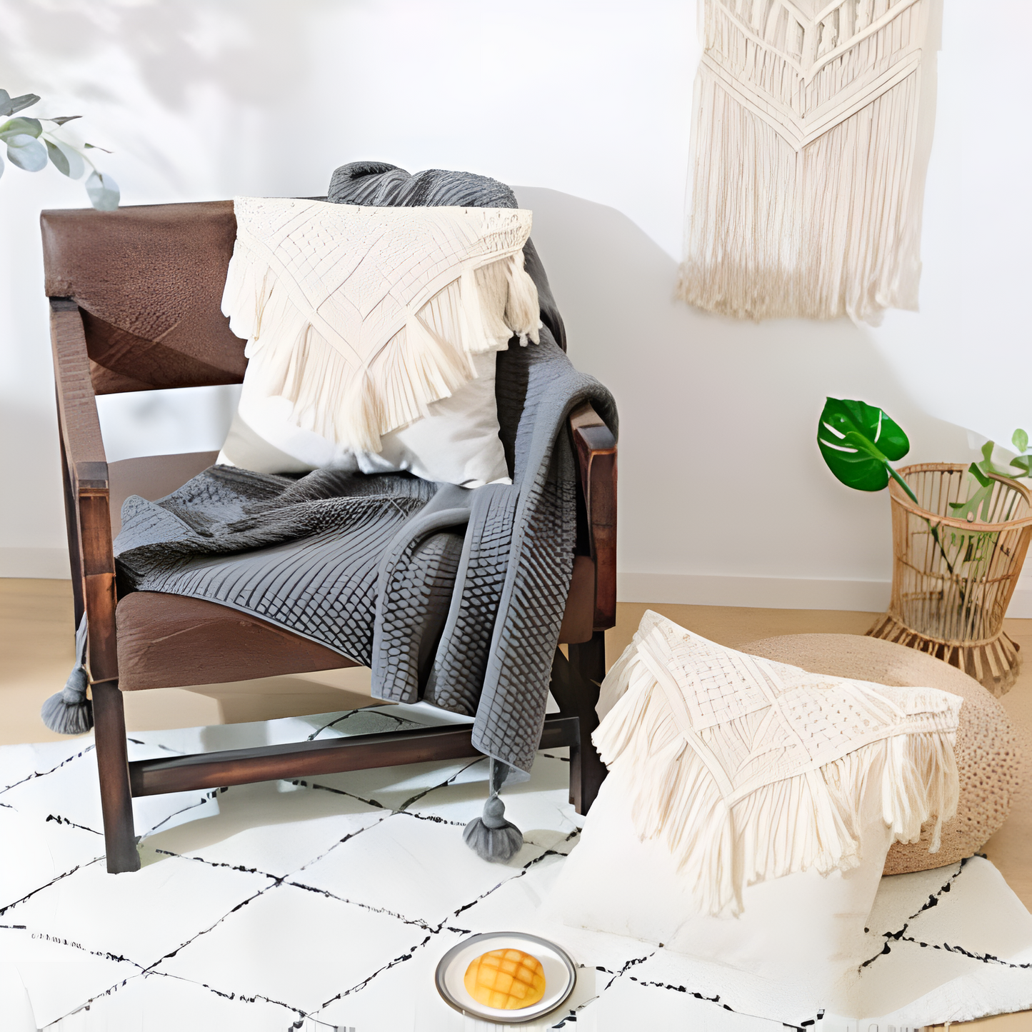 Cushion Cover Burlap & Tassels Hidden Zipper