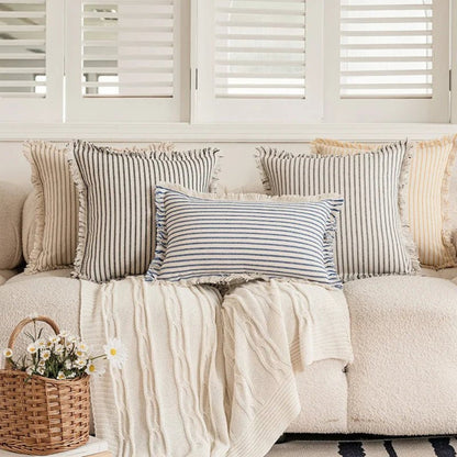 Cushion Cover Cotton-Linen Striped Fringed 18 Inch Square