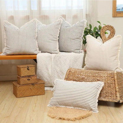 Cushion Cover Cotton-Linen Striped Fringed 18 Inch Square