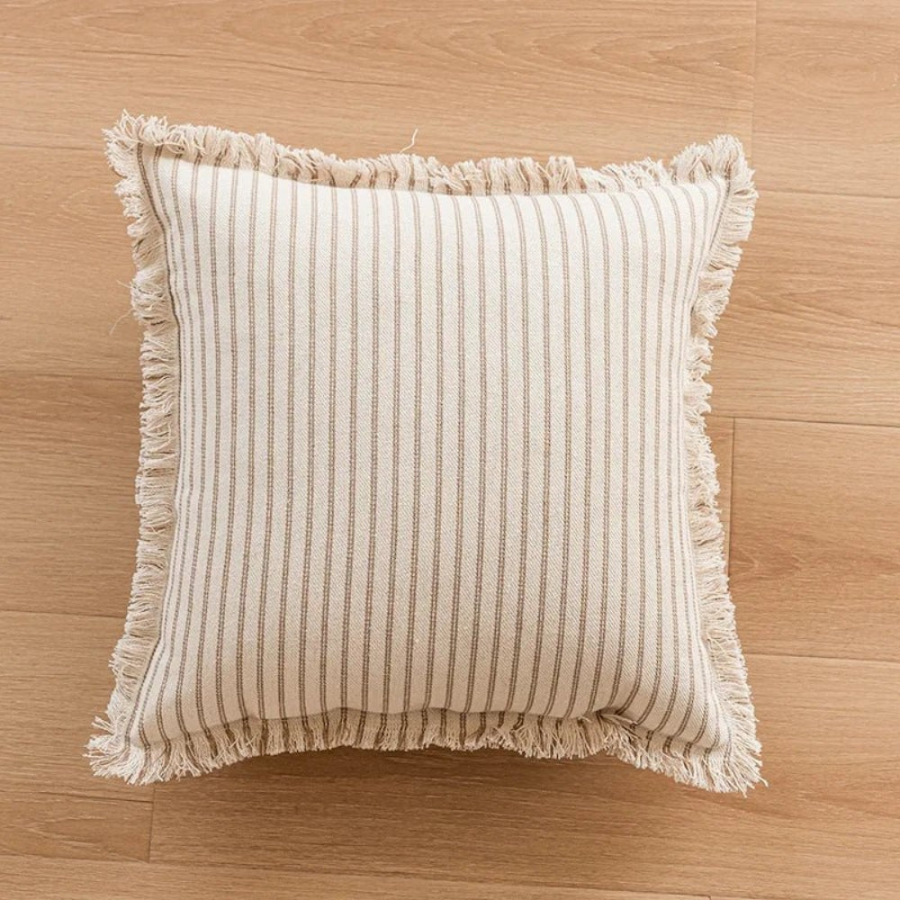 Cushion Cover Cotton-Linen Striped Fringed 18 Inch Square