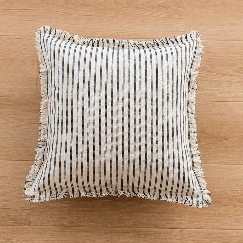 Cushion Cover Cotton-Linen Striped Fringed 18 Inch Square