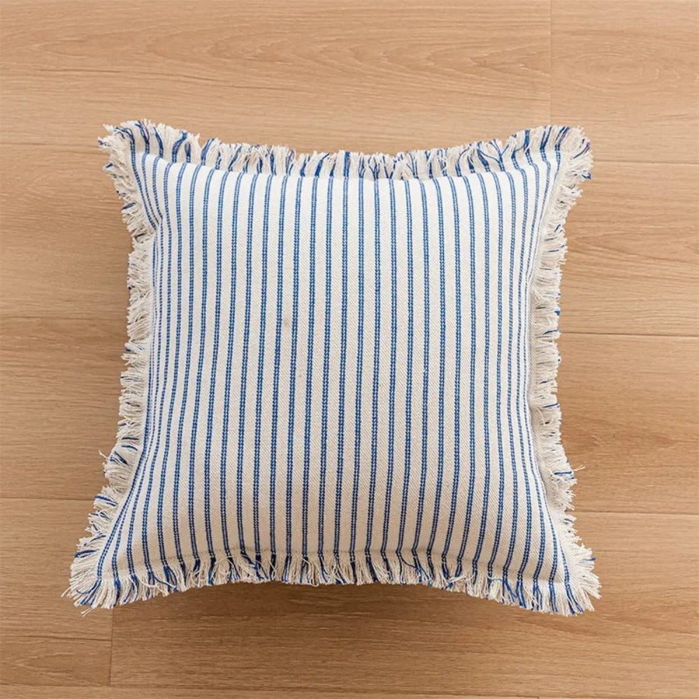 Cushion Cover Cotton-Linen Striped Fringed 18 Inch Square