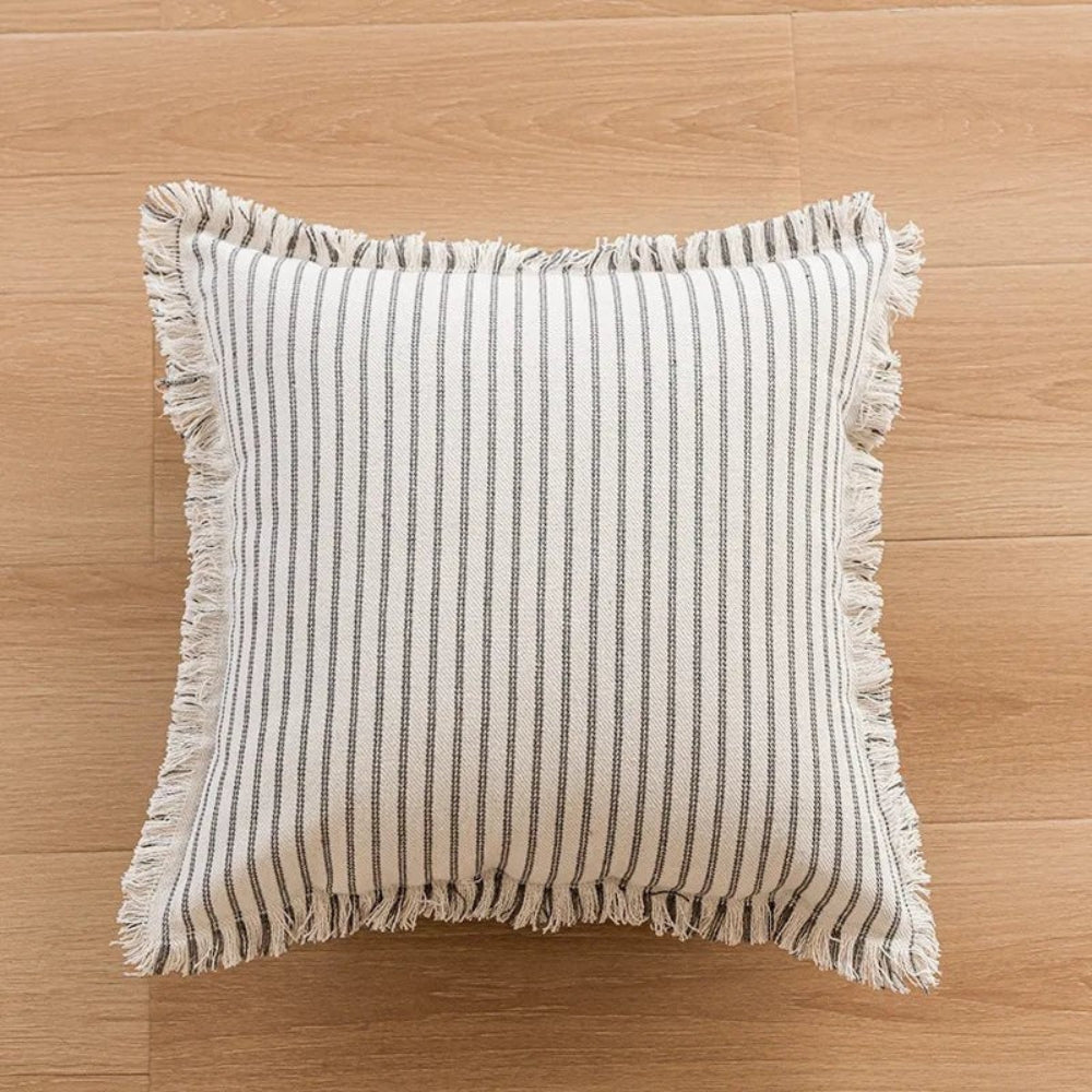 Cushion Cover Cotton-Linen Striped Fringed 18 Inch Square