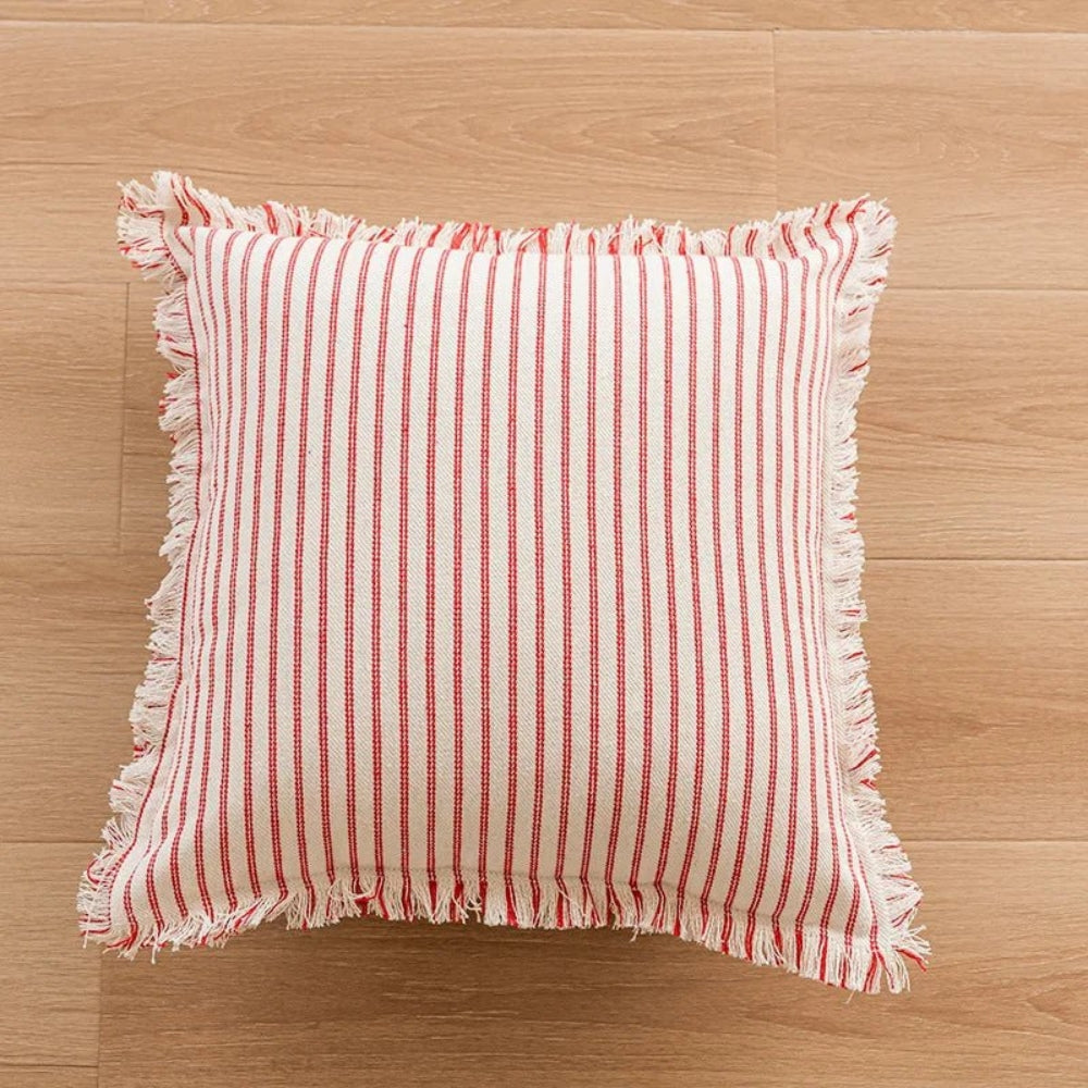 Cushion Cover Cotton-Linen Striped Fringed 18 Inch Square