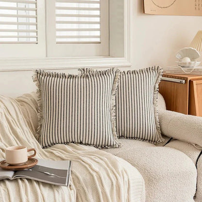 Cushion Cover Cotton-Linen Striped Fringed 18 Inch Square