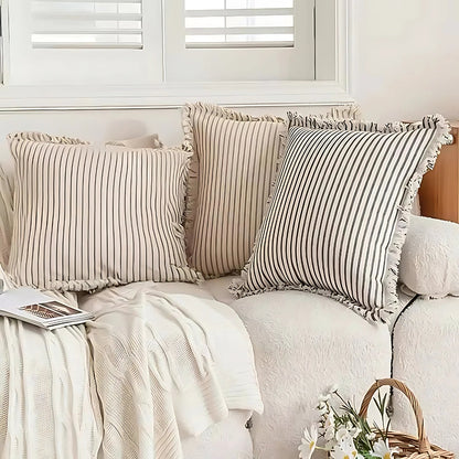 Cushion Cover Cotton-Linen Striped Fringed 18 Inch Square