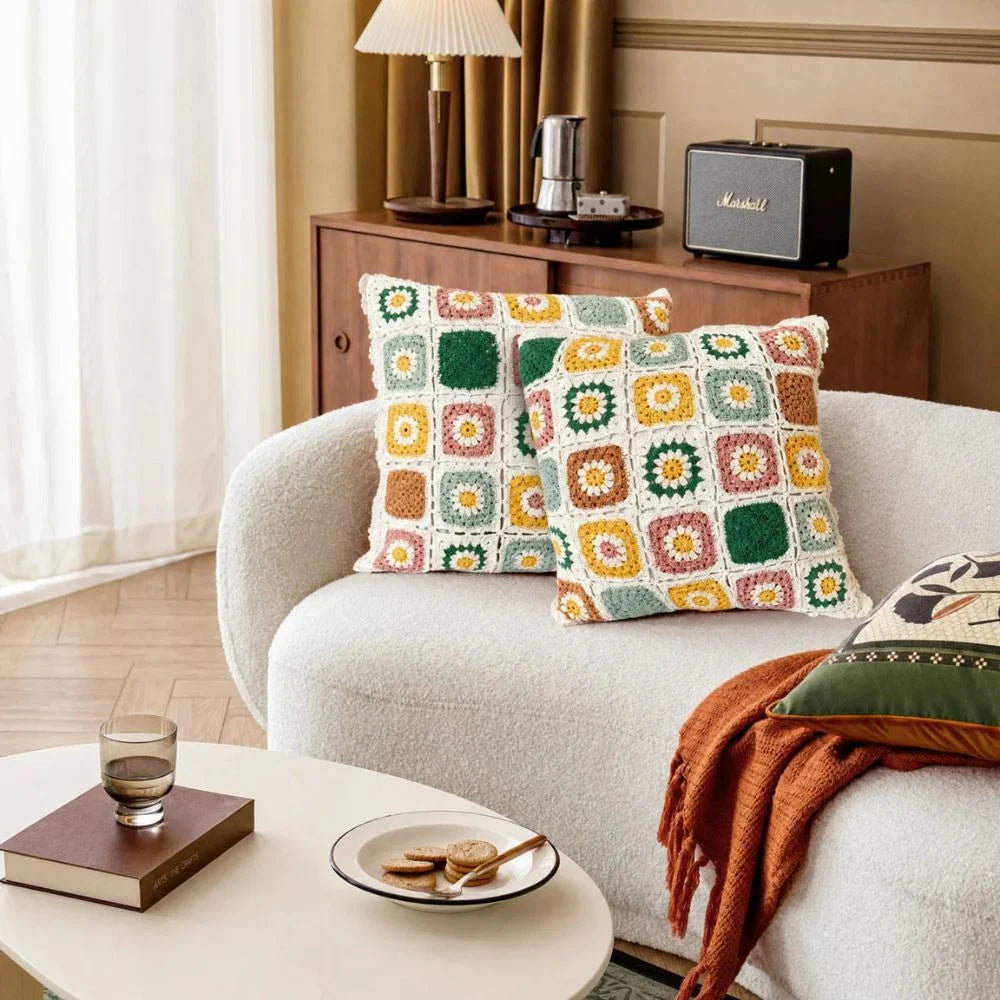Cushion Cover Crocheted Multicolored Floral Microfiber