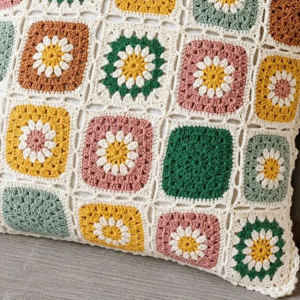 Cushion Cover Crocheted Multicolored Floral Microfiber