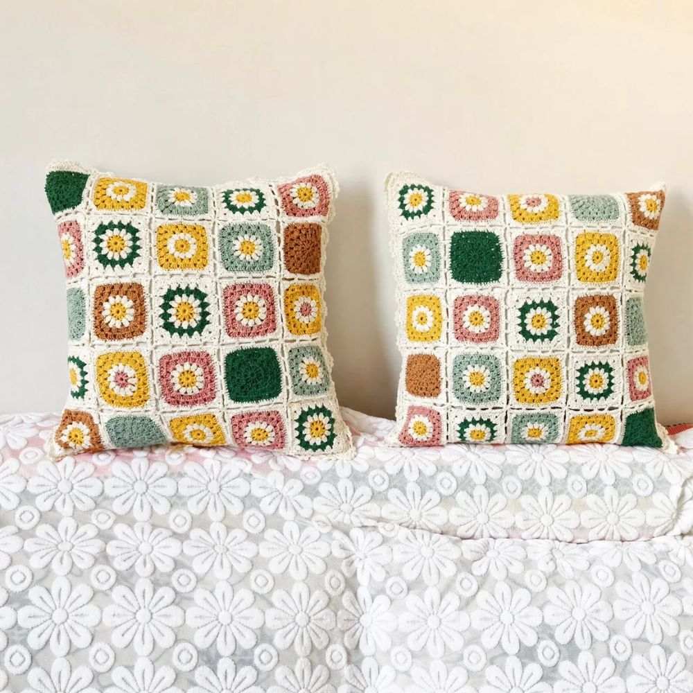 Cushion Cover Crocheted Multicolored Floral Microfiber
