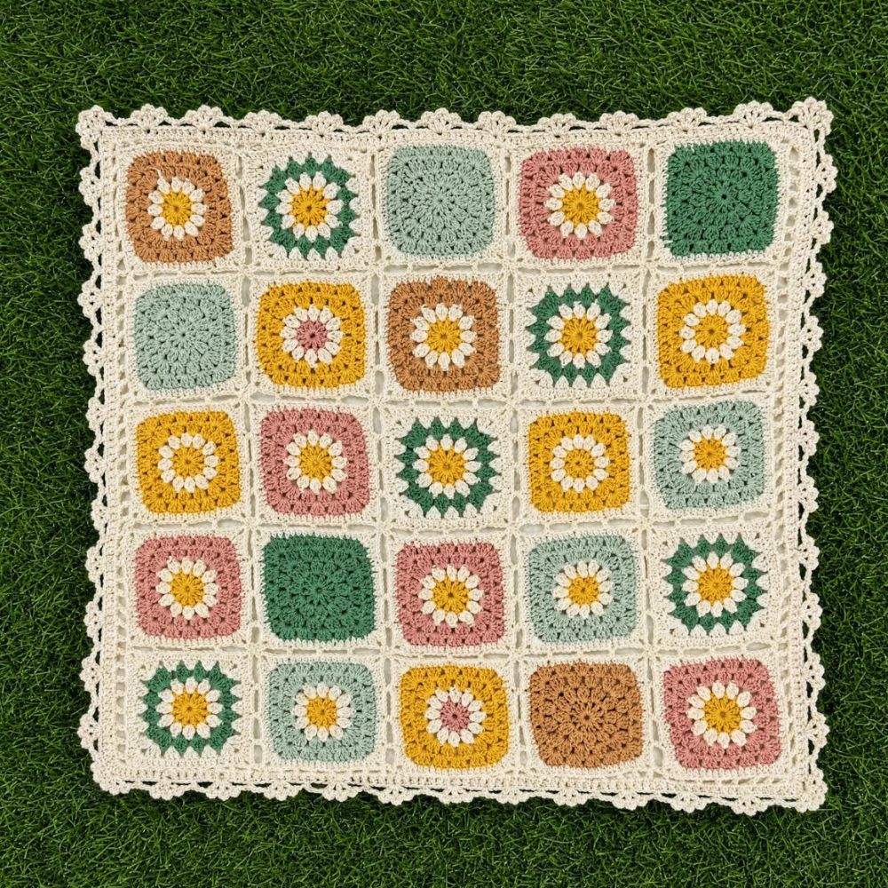 Cushion Cover Crocheted Multicolored Floral Microfiber