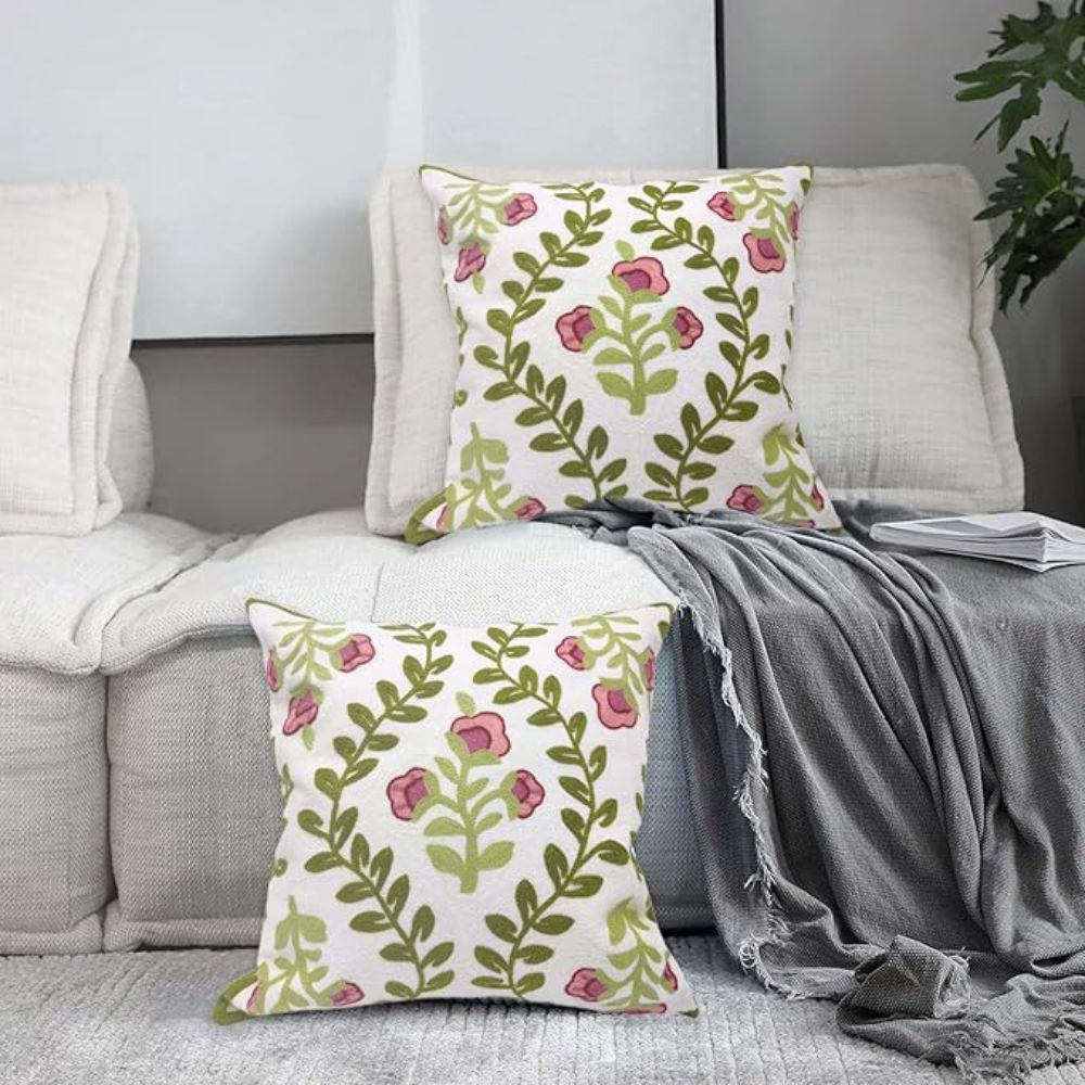 Cushion Cover Embroidered Floral Microfiber 18 Inch Machine Washable