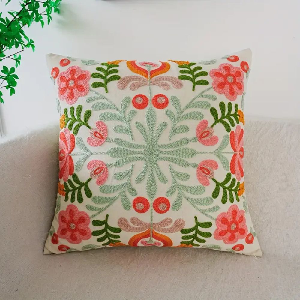 Cushion Cover Embroidered Floral Microfiber 18 Inch Machine Washable