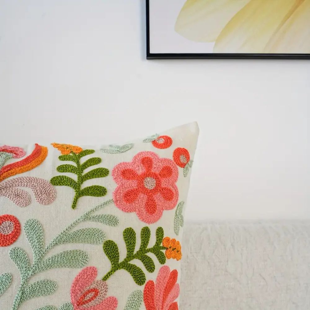 Cushion Cover Embroidered Floral Microfiber 18 Inch Machine Washable