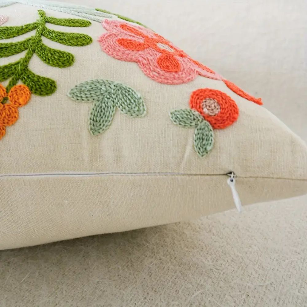 Cushion Cover Embroidered Floral Microfiber 18 Inch Machine Washable
