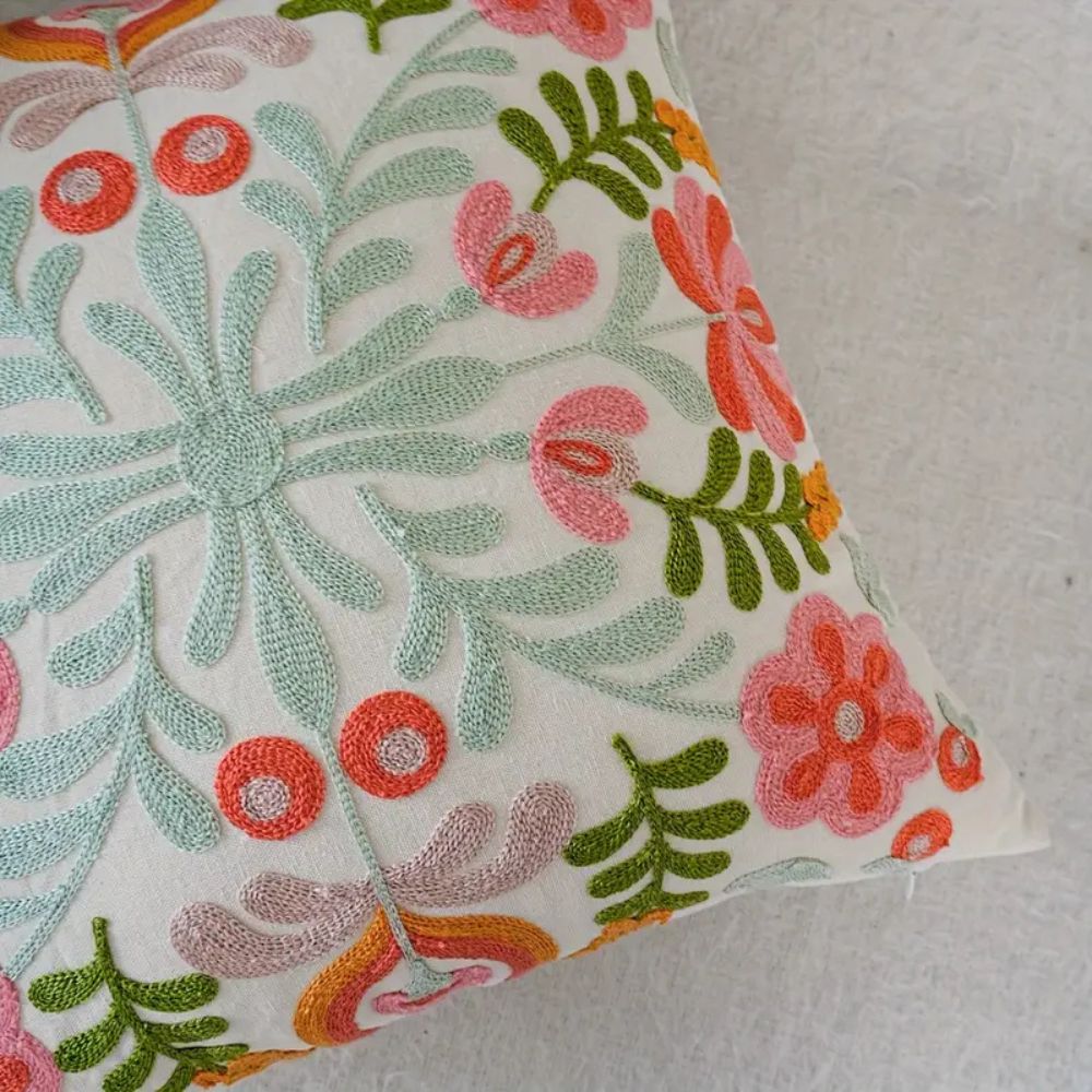 Cushion Cover Embroidered Floral Microfiber 18 Inch Machine Washable