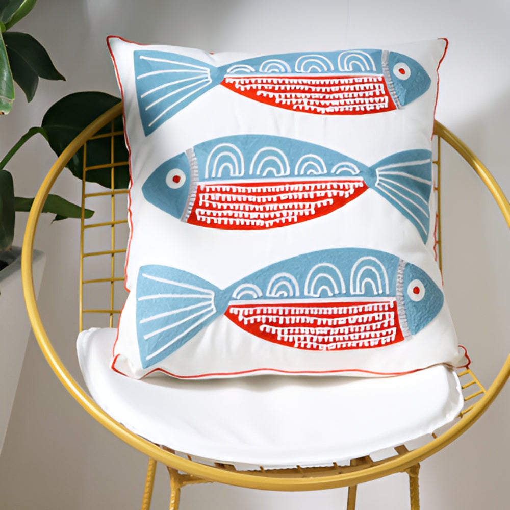 Cushion Cover Embroidered Ocean Design Cotton Linen Zipper
