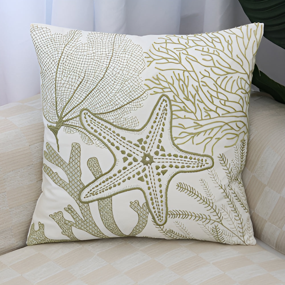 Cushion Cover Embroidered Ocean Design Cotton Linen Zipper