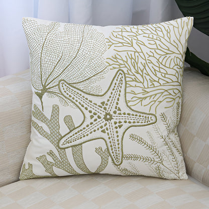 Cushion Cover Embroidered Ocean Design Cotton Linen Zipper