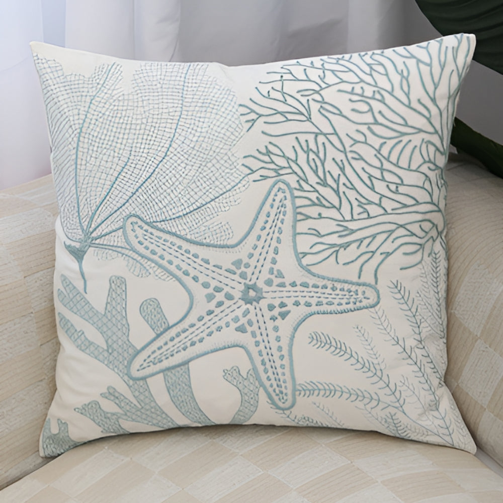 Cushion Cover Embroidered Ocean Design Cotton Linen Zipper