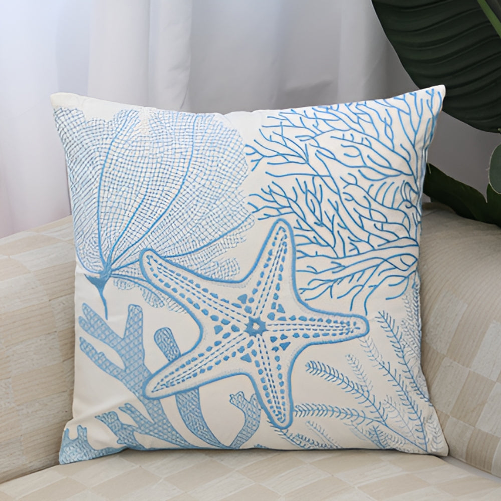 Cushion Cover Embroidered Ocean Design Cotton Linen Zipper