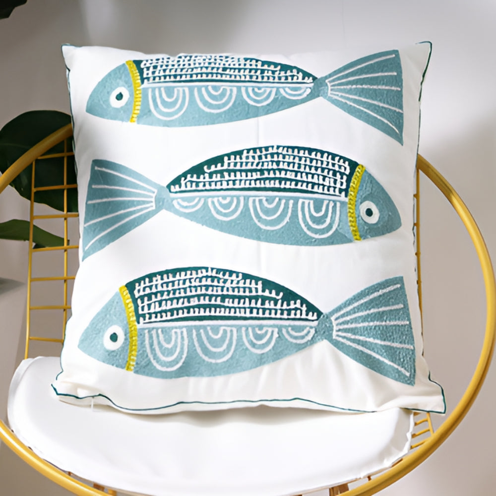Cushion Cover Embroidered Ocean Design Cotton Linen Zipper
